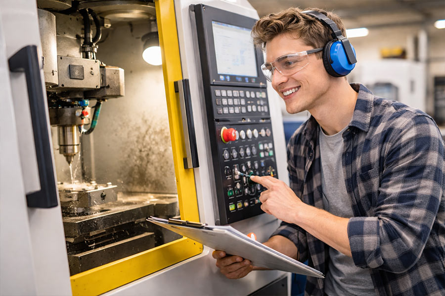 Student using lab equipment with instructor guidance
