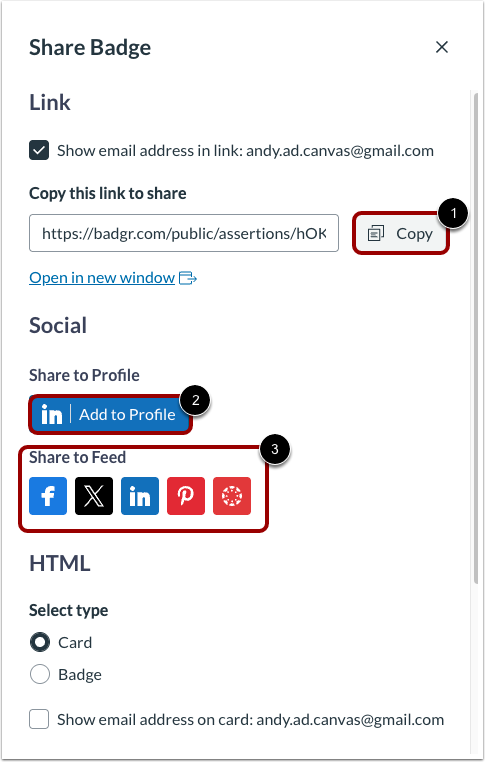 Continued step by step process to share badge