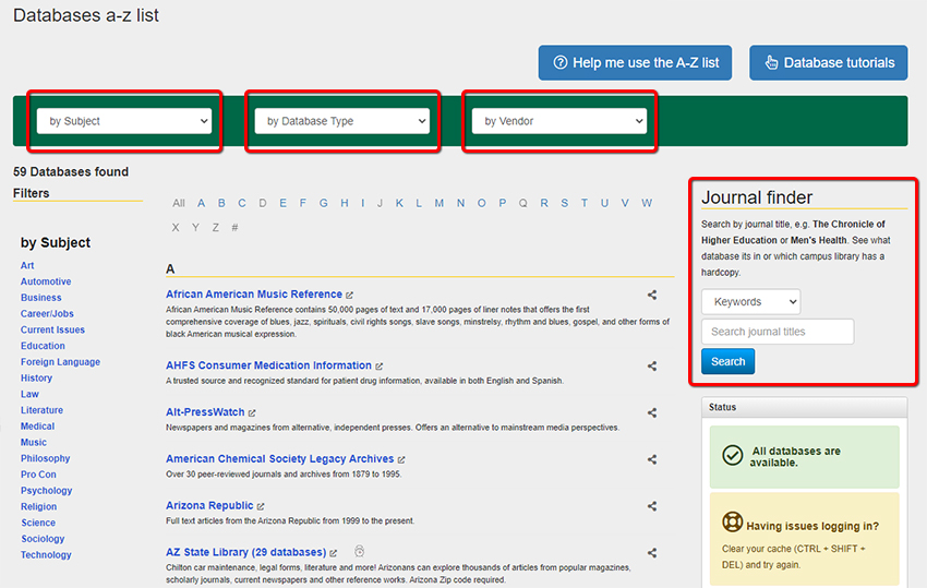 A screenshot of the a-z list with red boxes outlining subject, database type, and vendor dropdowns, and the journal finder search box.