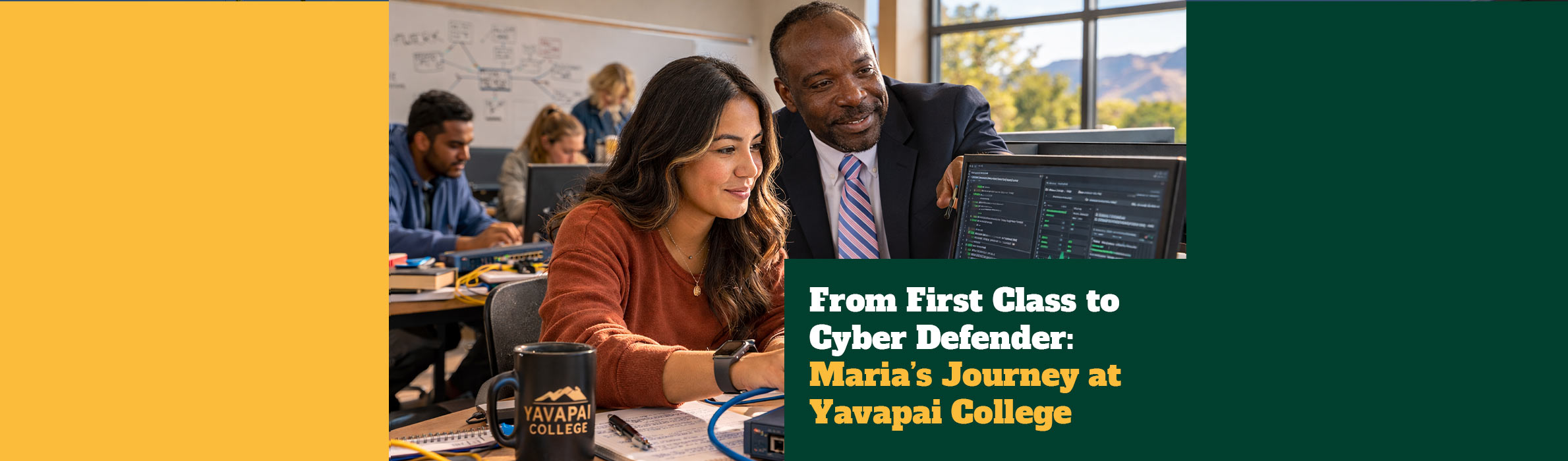 Student and teacher looking at computer screen 