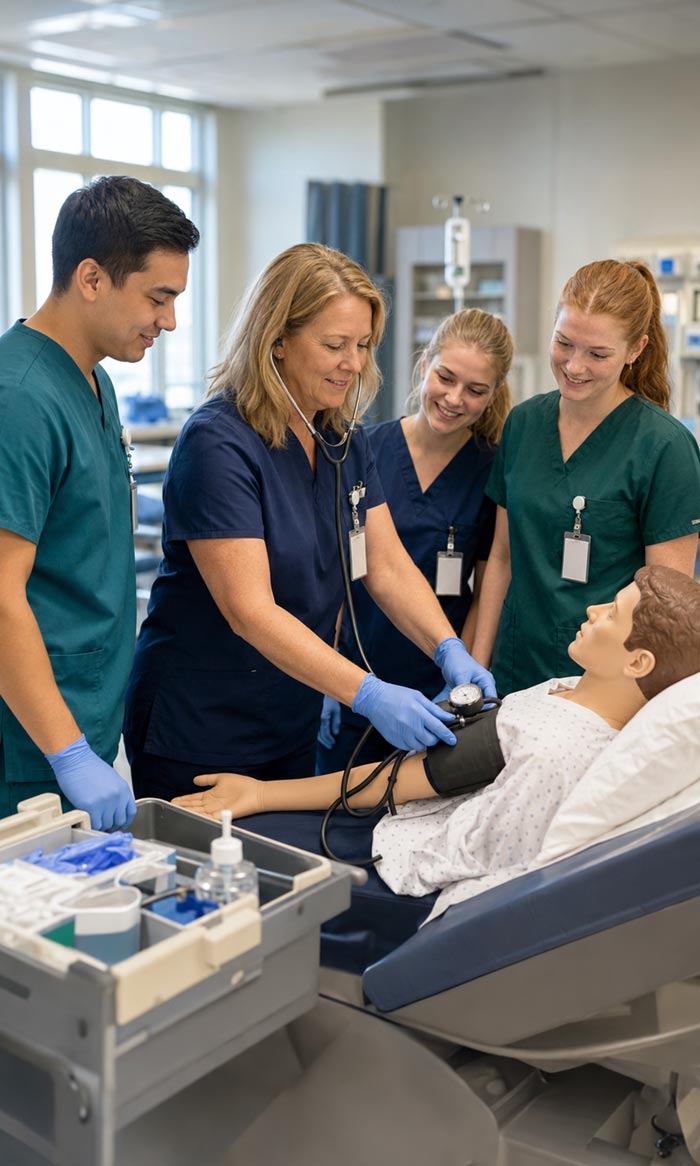 Allied Health students practicing clinical skills in a supervised lab