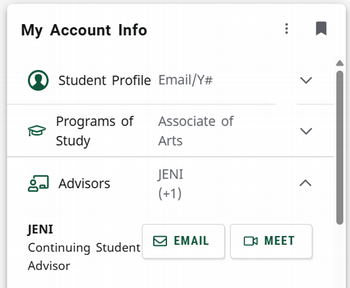 Example of the Your Advisor area in the YC student portal