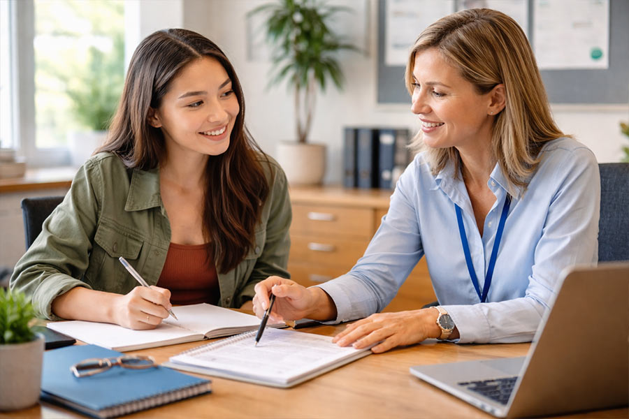 Advisor meeting with a student in an office setting