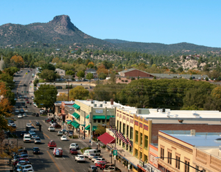 Downtown Prescott with view of Thumb BUtte
