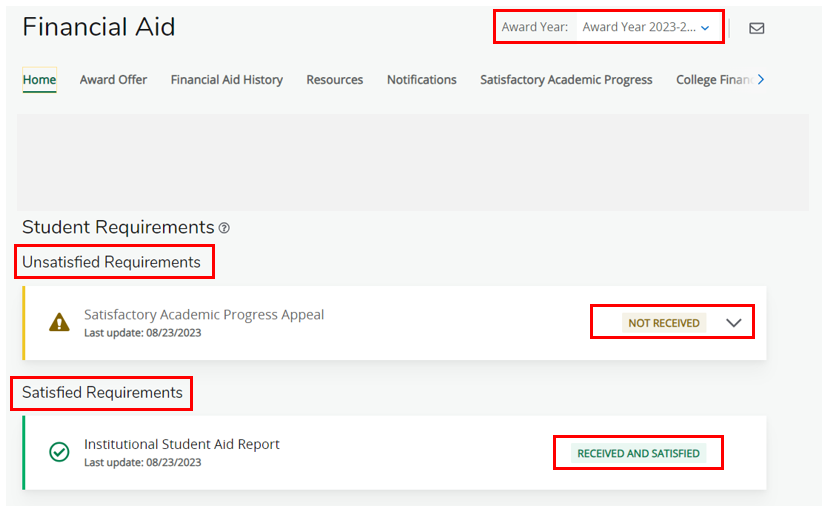 Financial Aid portal page