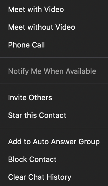 list of actions in zoom for a contact