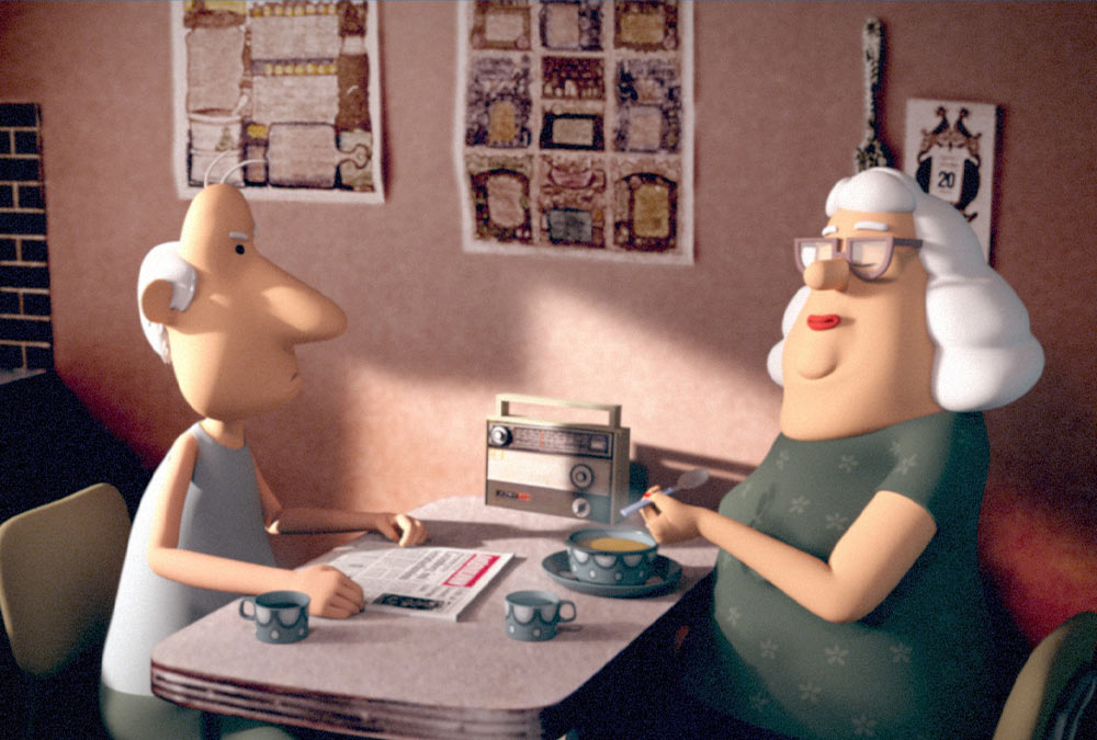 Screenshot of animated scene a man and woman sitting at the kitchen table