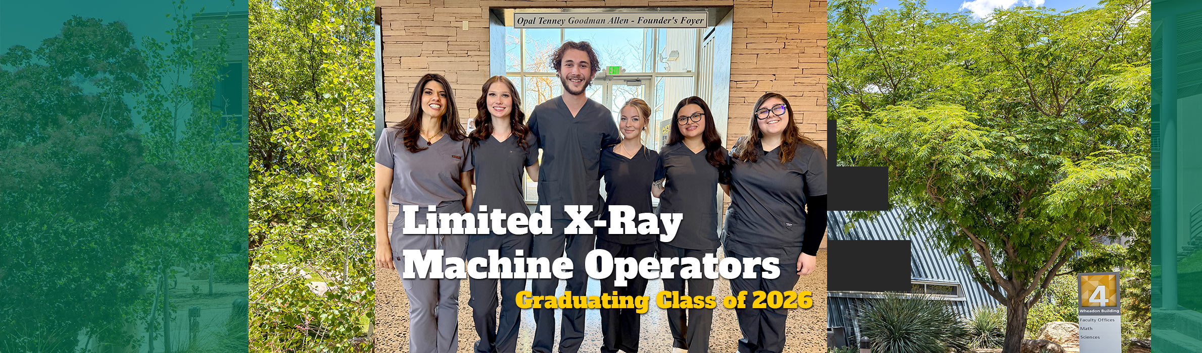 9 grads standing in medical scrubs group photo