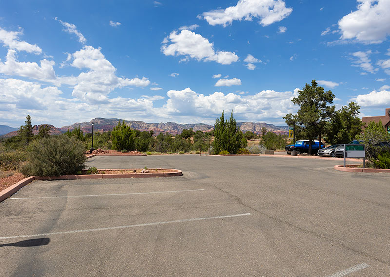 Sedona Center parking lot with red rock views